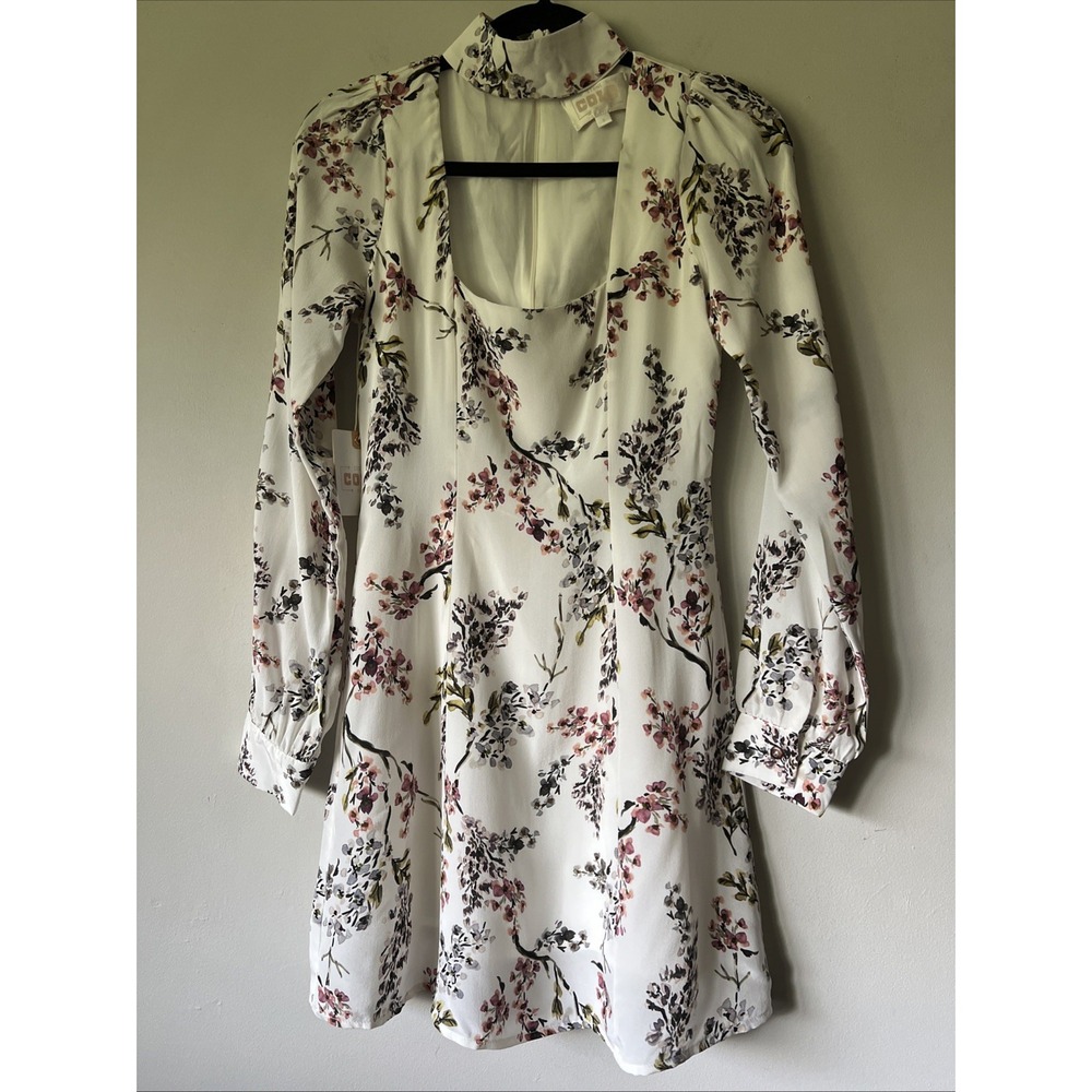 Stone Cold Fox 100% Silk Ivory Floral Mini Dress Long Sleeve Square Neckline 0